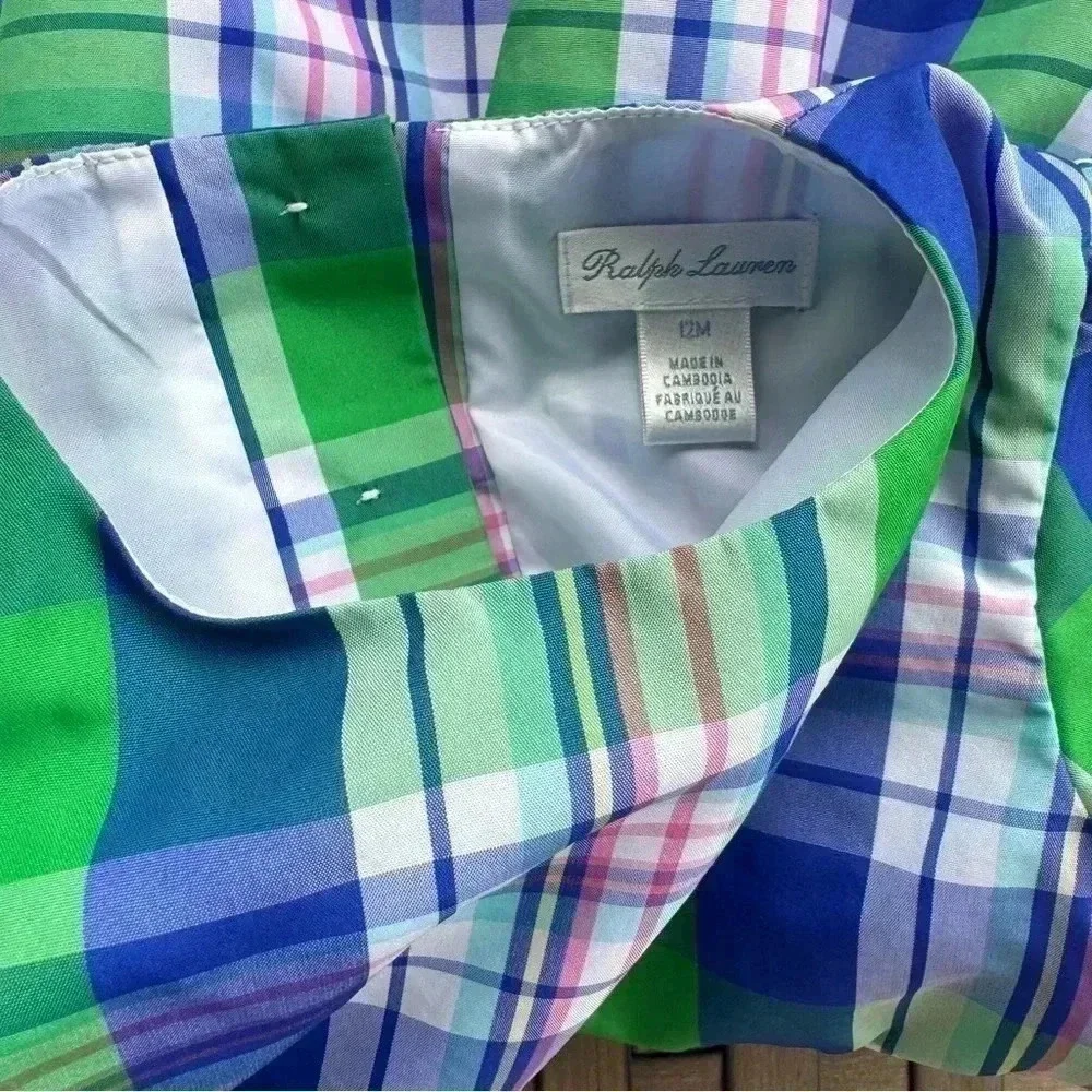 Ralph Lauren Baby Girls Plaid Taffeta Dress Size 12m Green Blue‎